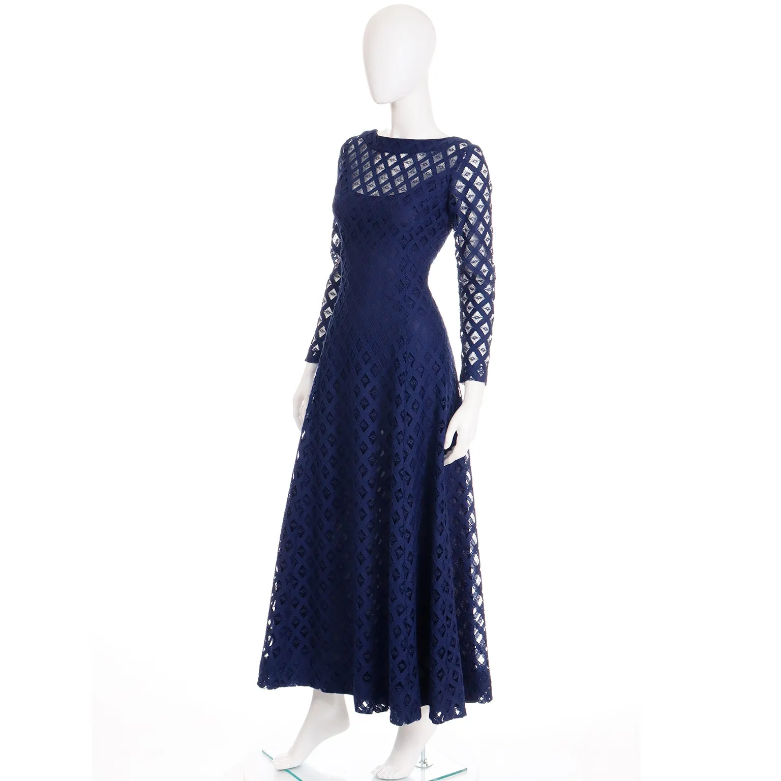 1970s Blue Cutwork Vintage Evening Dress w Low Scoop Back