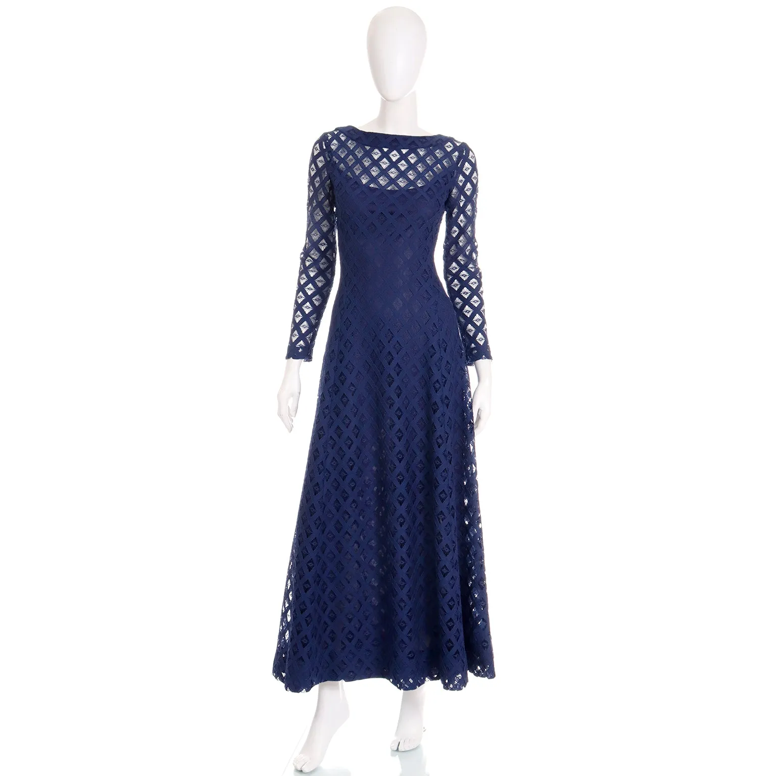 1970s Blue Cutwork Vintage Evening Dress w Low Scoop Back