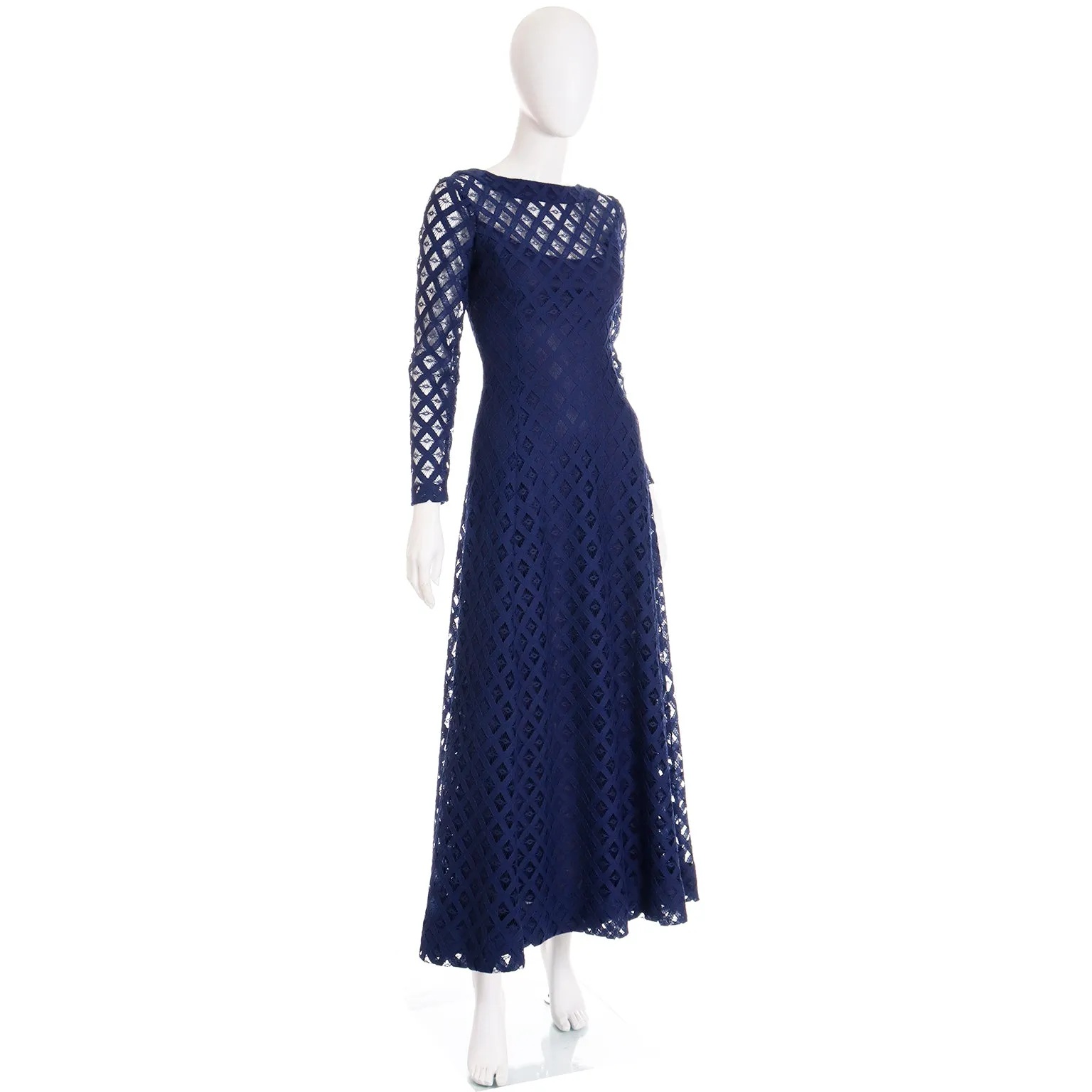 1970s Blue Cutwork Vintage Evening Dress w Low Scoop Back