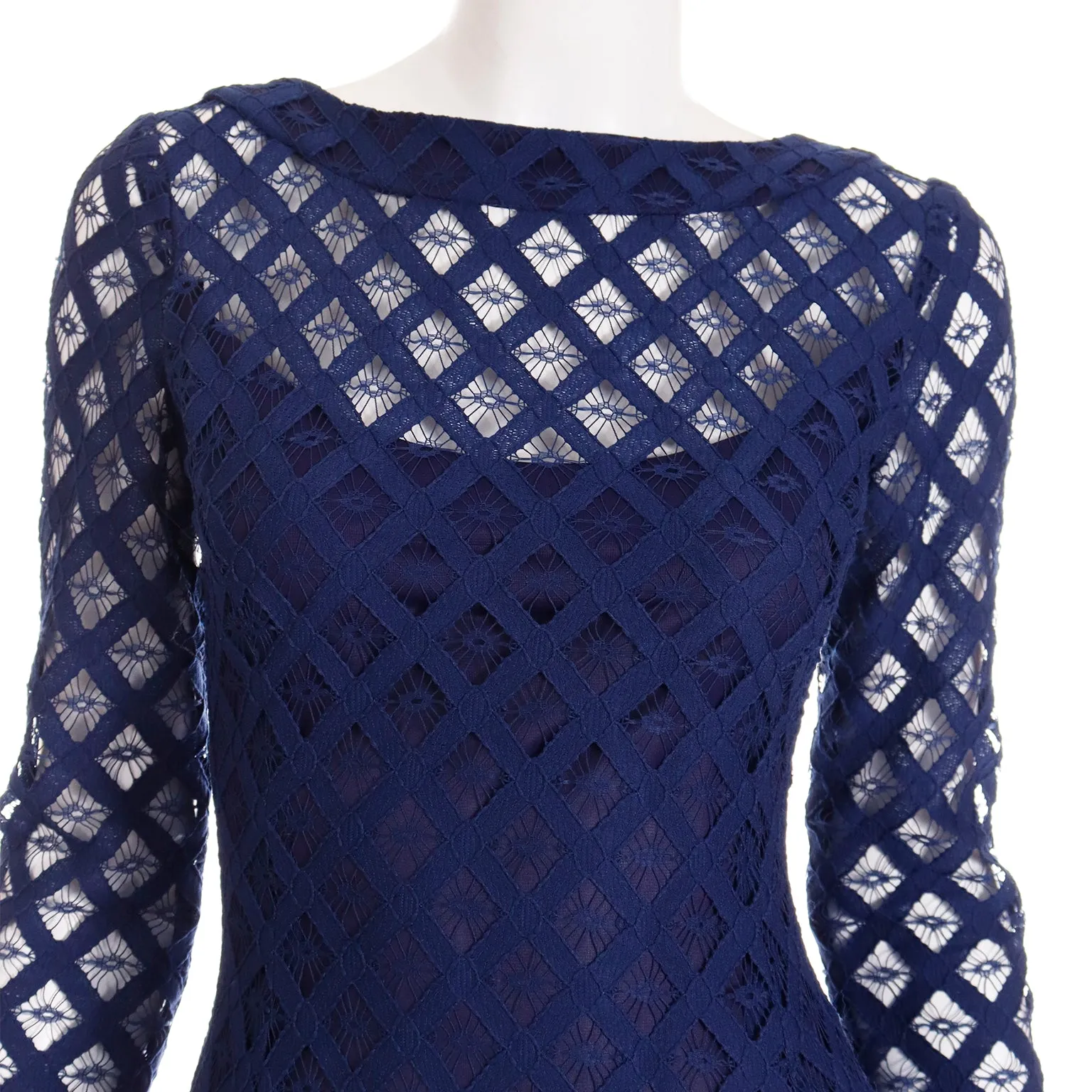 1970s Blue Cutwork Vintage Evening Dress w Low Scoop Back