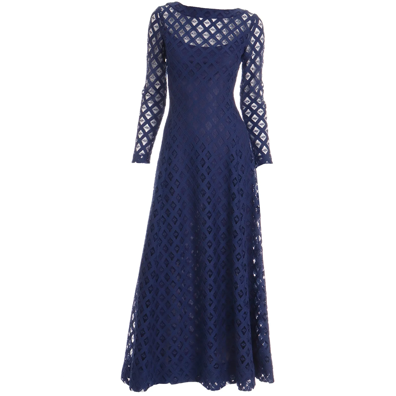 1970s Blue Cutwork Vintage Evening Dress w Low Scoop Back