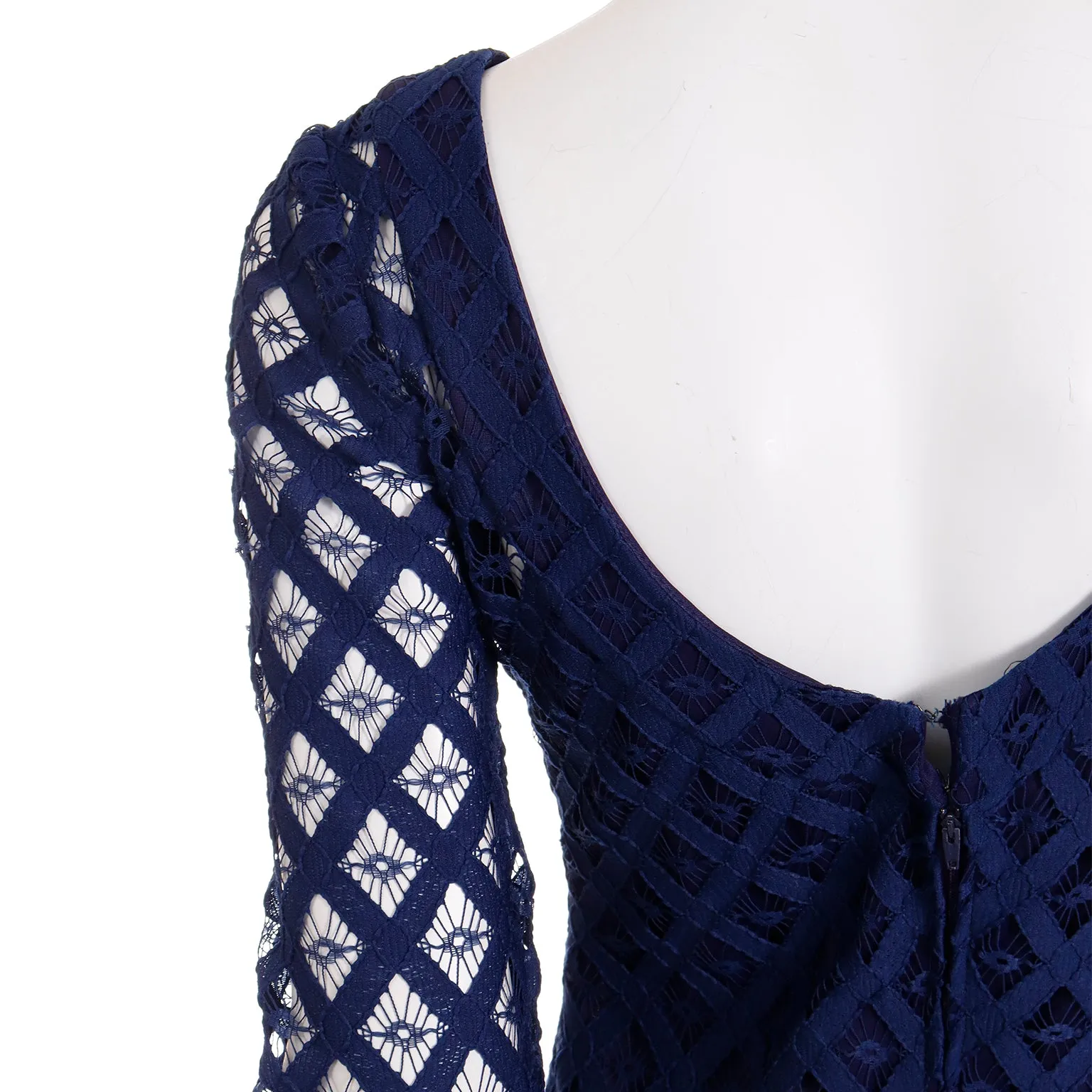 1970s Blue Cutwork Vintage Evening Dress w Low Scoop Back