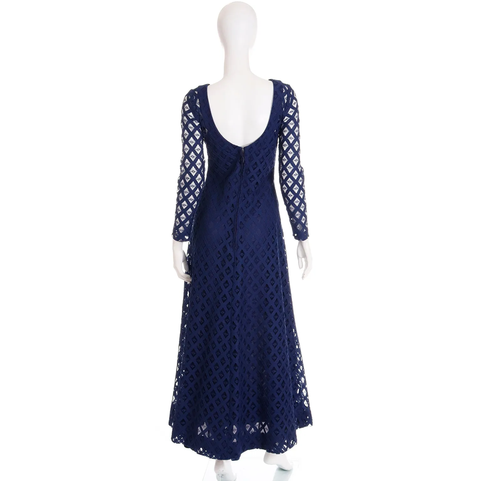 1970s Blue Cutwork Vintage Evening Dress w Low Scoop Back