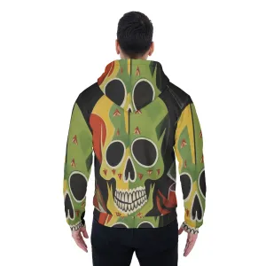 All-Over Print Men's Sherpa Fleece Zip Up Hoodie, green and black skull themed print #25PP