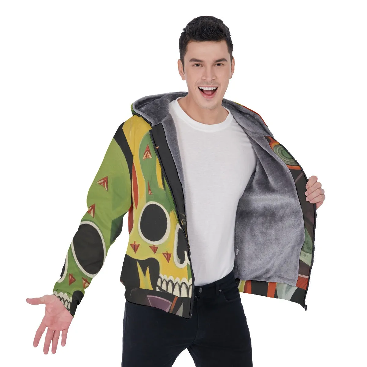 All-Over Print Men's Sherpa Fleece Zip Up Hoodie, green and black skull themed print #25PP