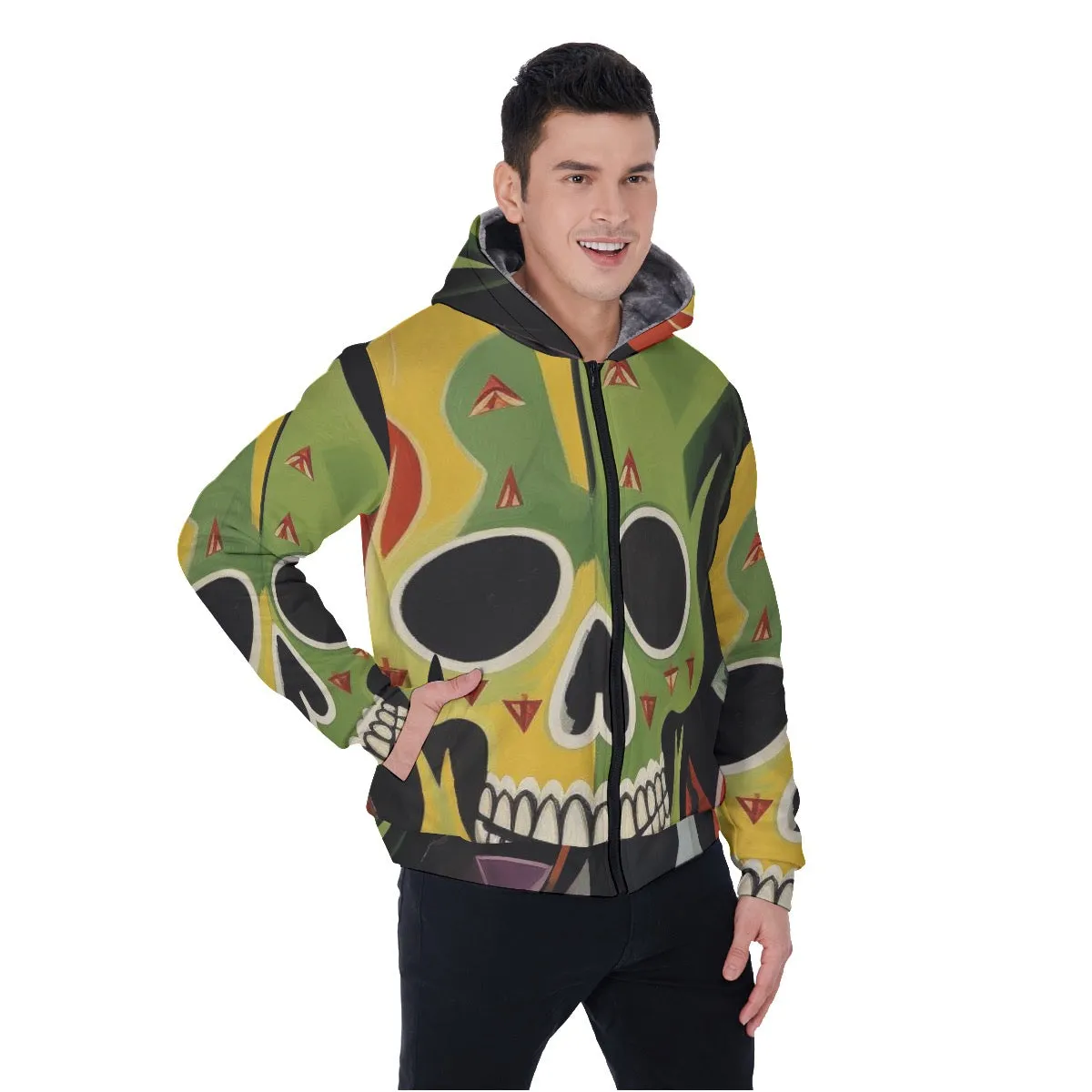 All-Over Print Men's Sherpa Fleece Zip Up Hoodie, green and black skull themed print #25PP