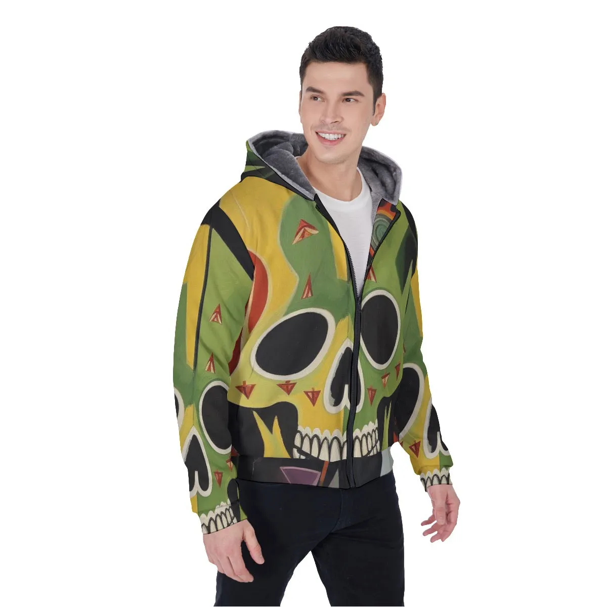 All-Over Print Men's Sherpa Fleece Zip Up Hoodie, green and black skull themed print #25PP