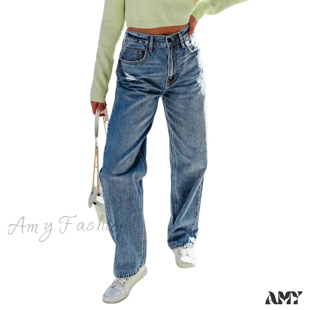 Amy Fashion - 2024 Stretch Women's Casual Ripped Wide Leg For Women Vintage High Waist Easymatch Straight Jean