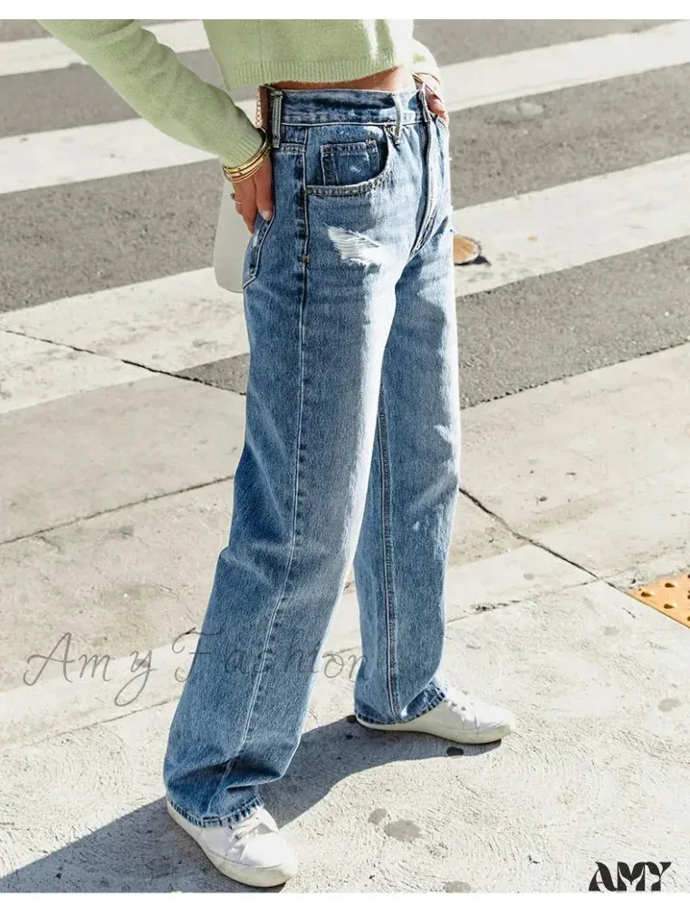 Amy Fashion - 2024 Stretch Women's Casual Ripped Wide Leg For Women Vintage High Waist Easymatch Straight Jean