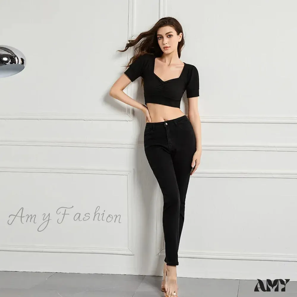Amy Fashion - Elastic Slim High Waist Small Feet Casual Autumn Winter Jean