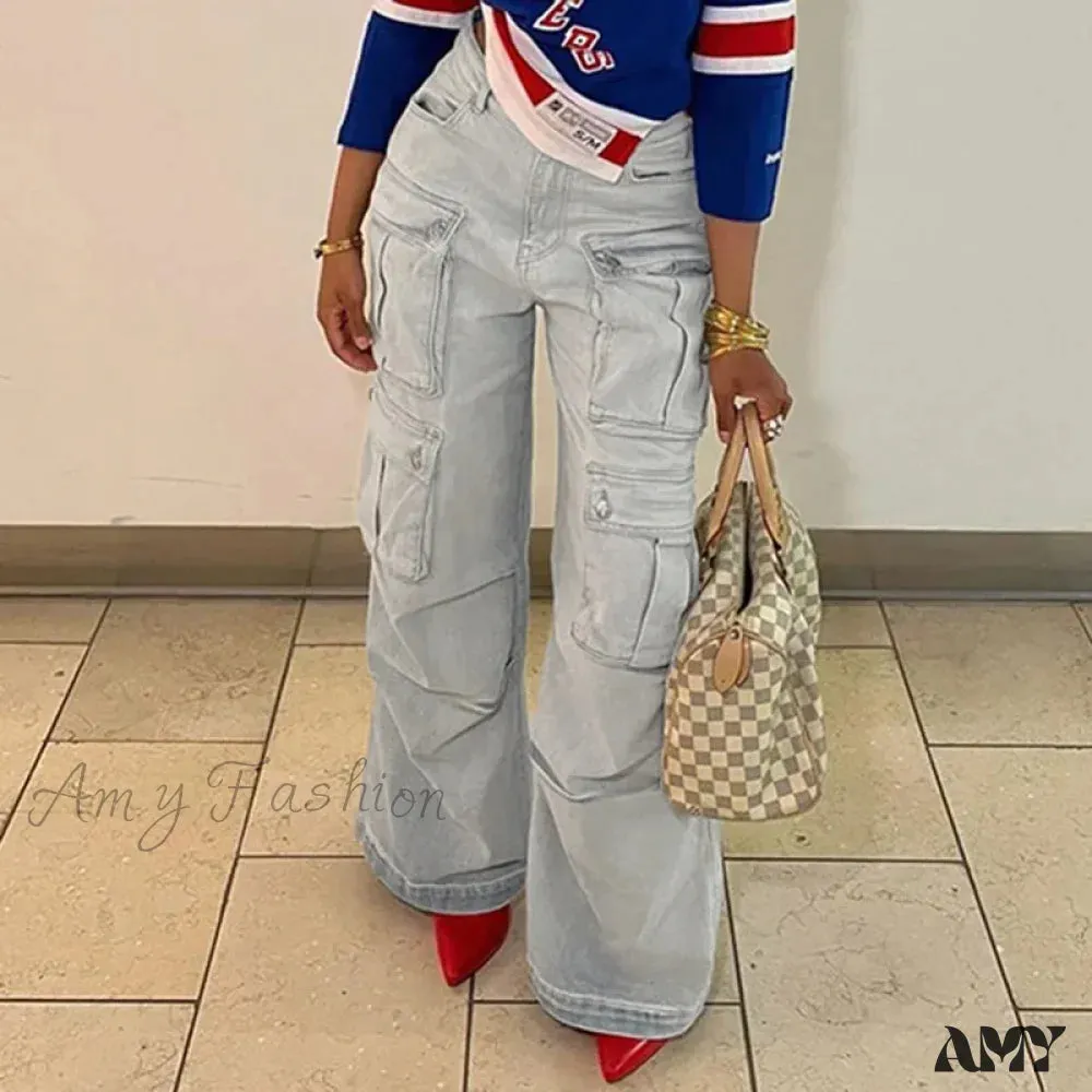 Amy Fashion - Straight Casual Multi-pocket Paneled Cargo Fashion Washed Wide Leg High-waisted High Street Y2K Jean