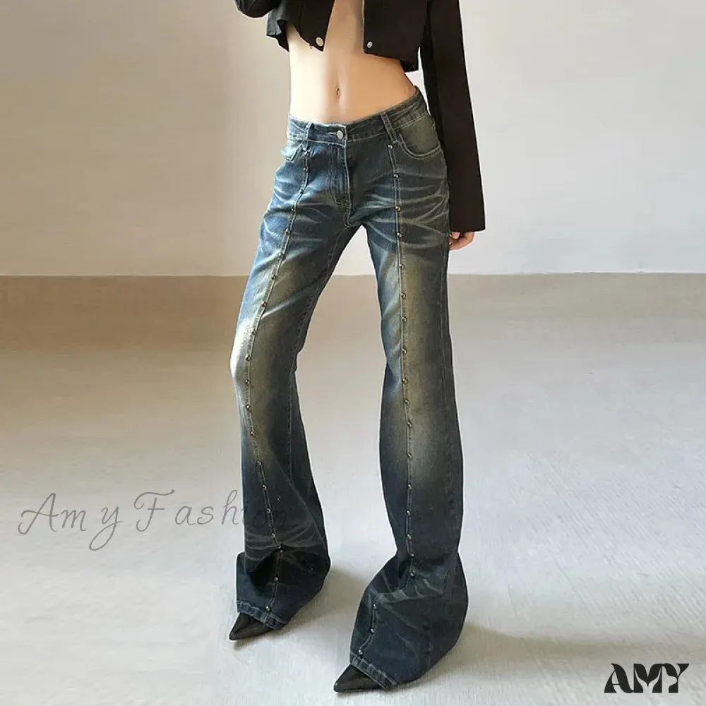 Amy Fashion - Vintage Woman Low Rise Rivet Stitching Distressed Y2K Flared 90s Streetwear Women Jean