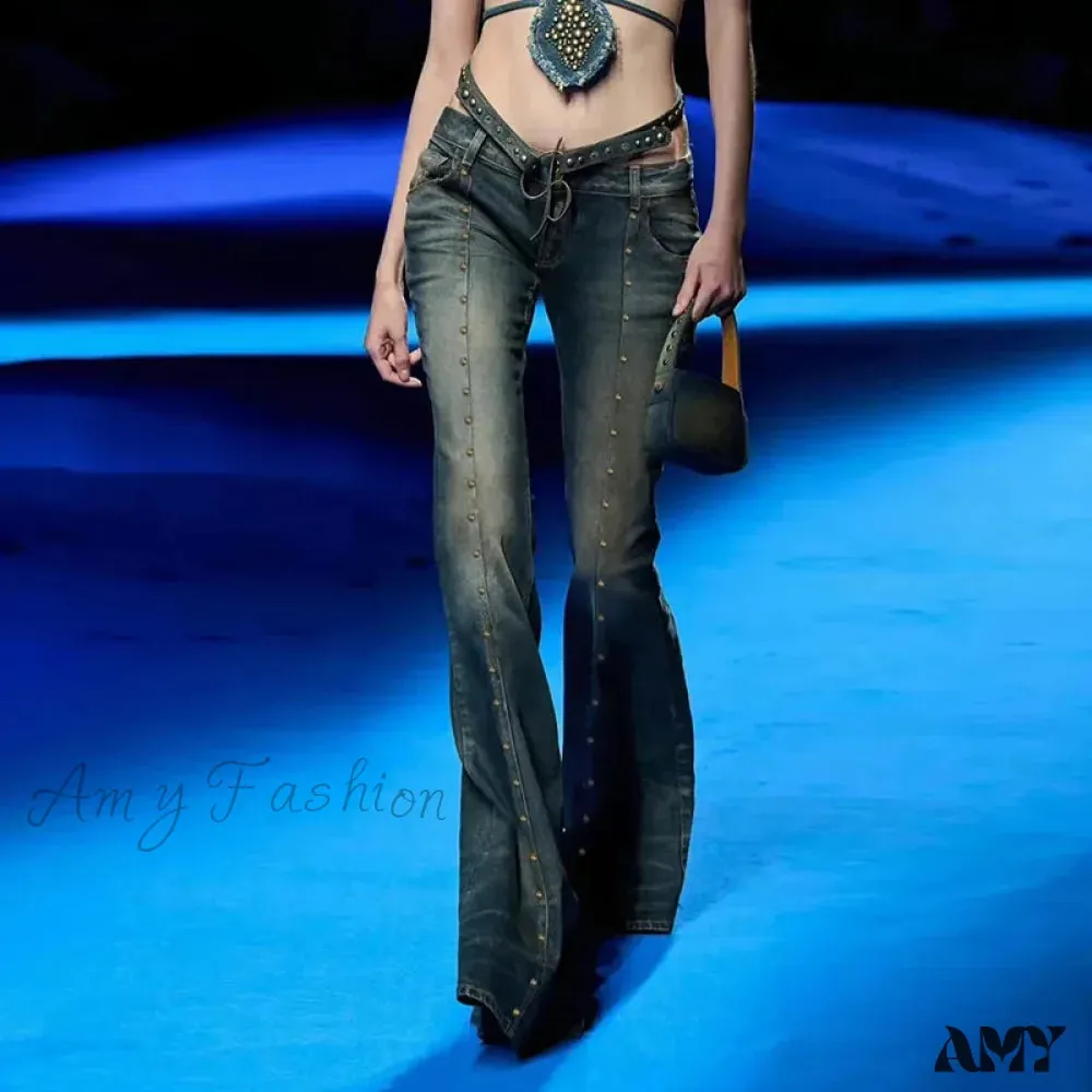 Amy Fashion - Vintage Woman Low Rise Rivet Stitching Distressed Y2K Flared 90s Streetwear Women Jean