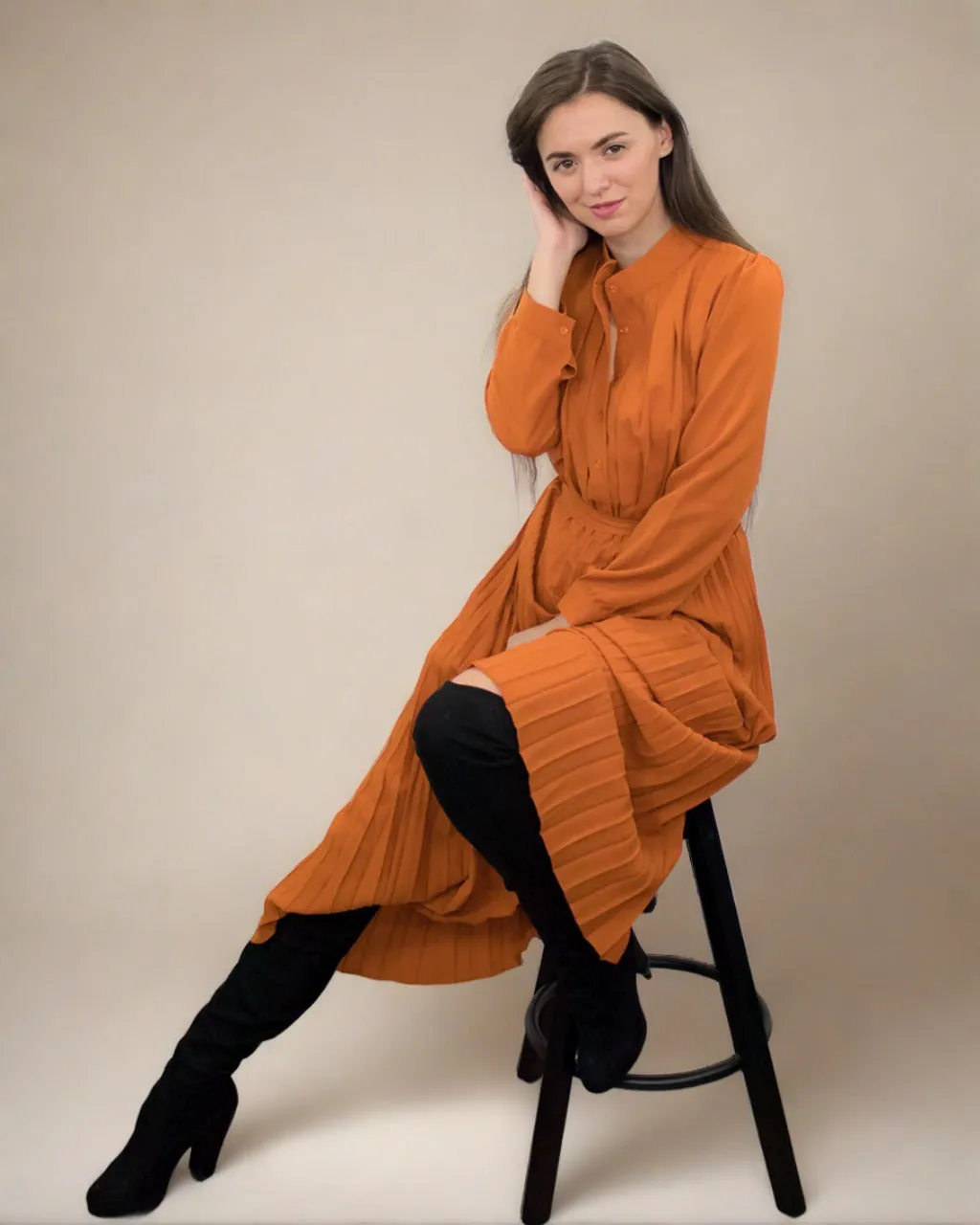 Ania Burnt Orange Maxi Dress with Pleats - Long Sleeve Dress