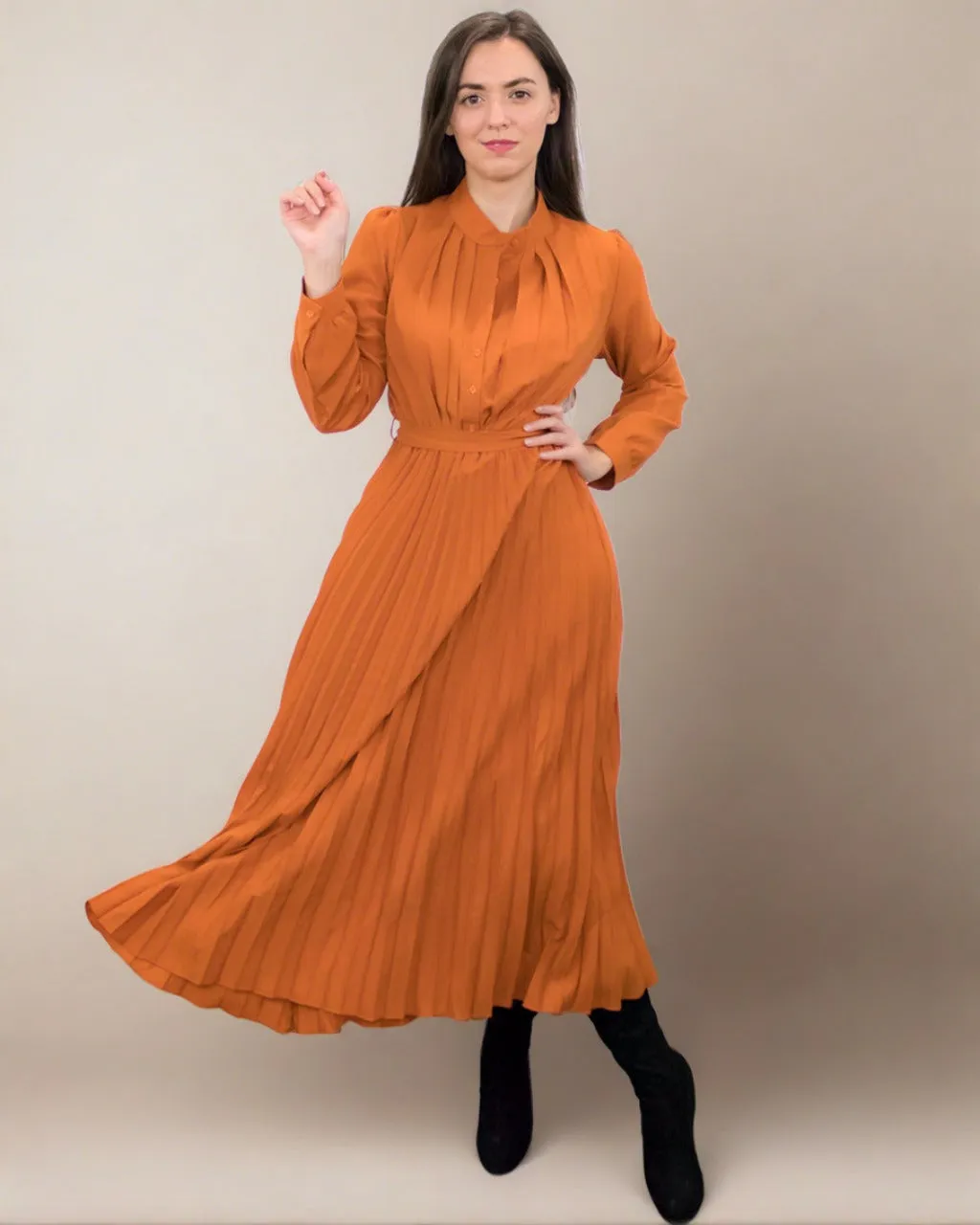 Ania Burnt Orange Maxi Dress with Pleats - Long Sleeve Dress