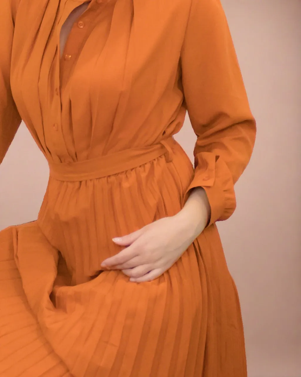 Ania Burnt Orange Maxi Dress with Pleats - Long Sleeve Dress