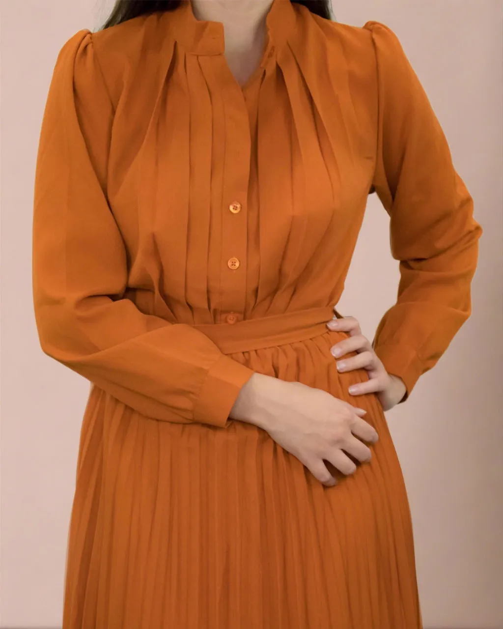 Ania Burnt Orange Maxi Dress with Pleats - Long Sleeve Dress