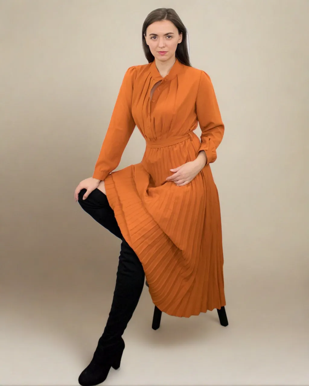 Ania Burnt Orange Maxi Dress with Pleats - Long Sleeve Dress