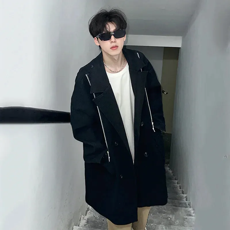 Black Long Zippers Double Breasted Coat