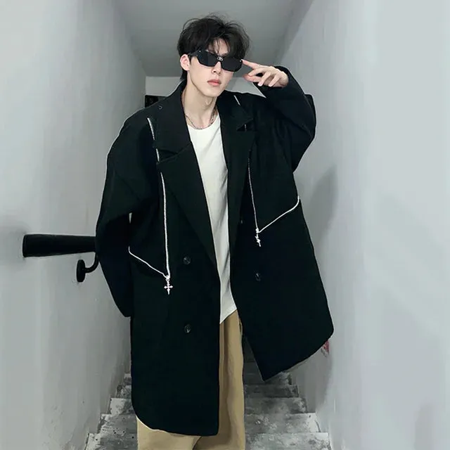 Black Long Zippers Double Breasted Coat