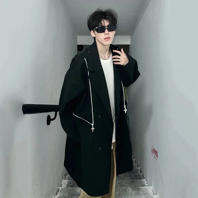 Black Long Zippers Double Breasted Coat