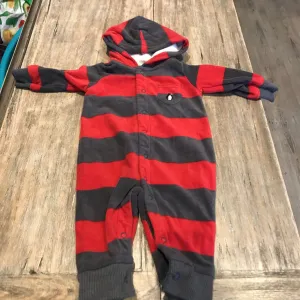 Carters Poly Red grey/stripe hood Snap Romper 6m