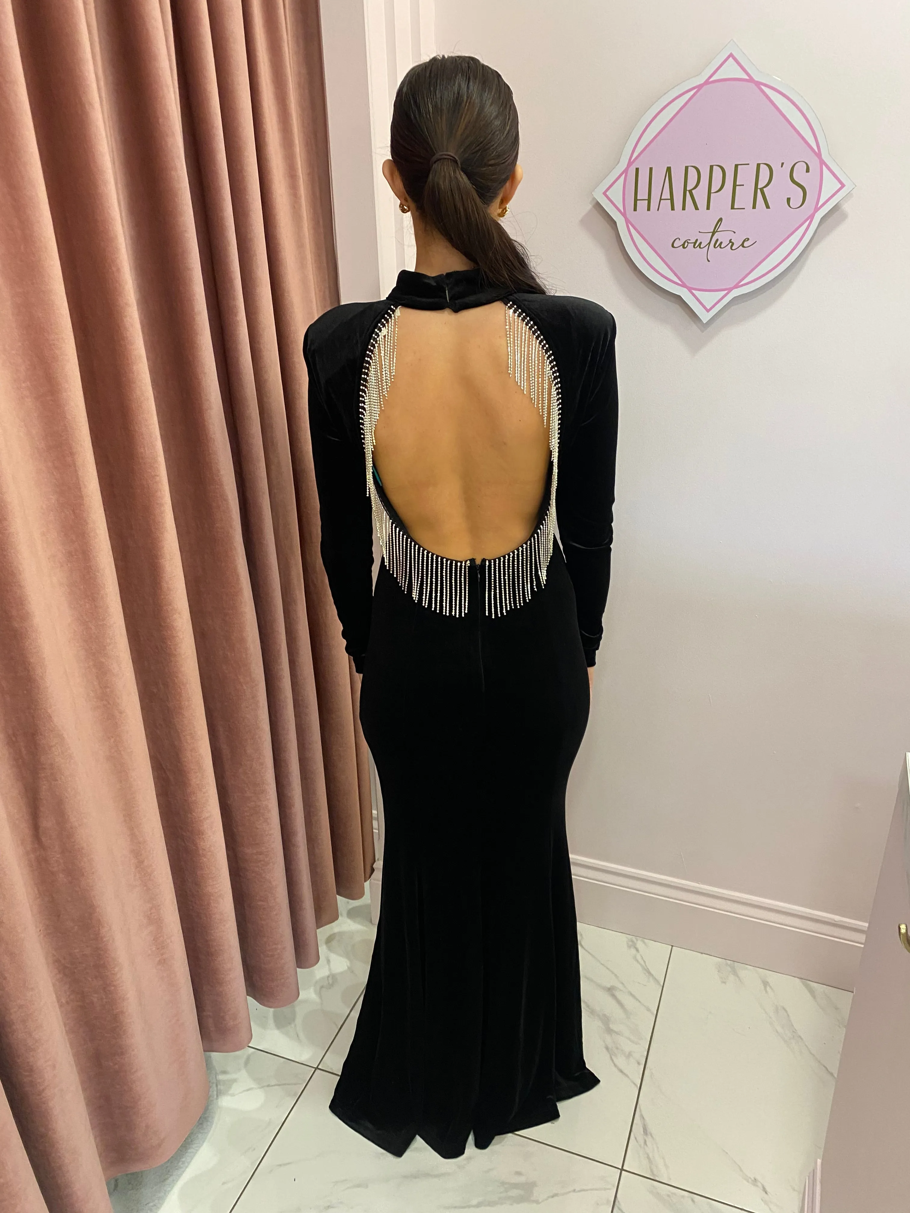 Clarabelle Black Velvet Diamonte Back Dress