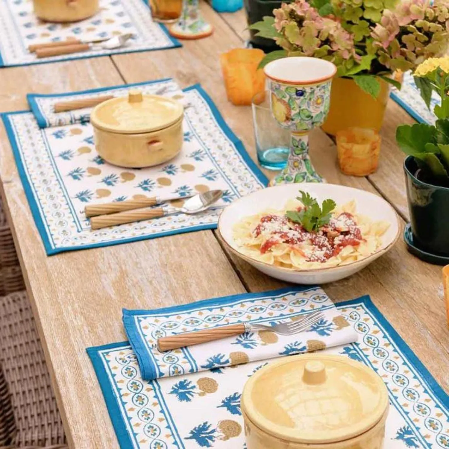 Cotton Table Placemats | Floral Printed | Off-white, Teal And Mustard | 12"x18"