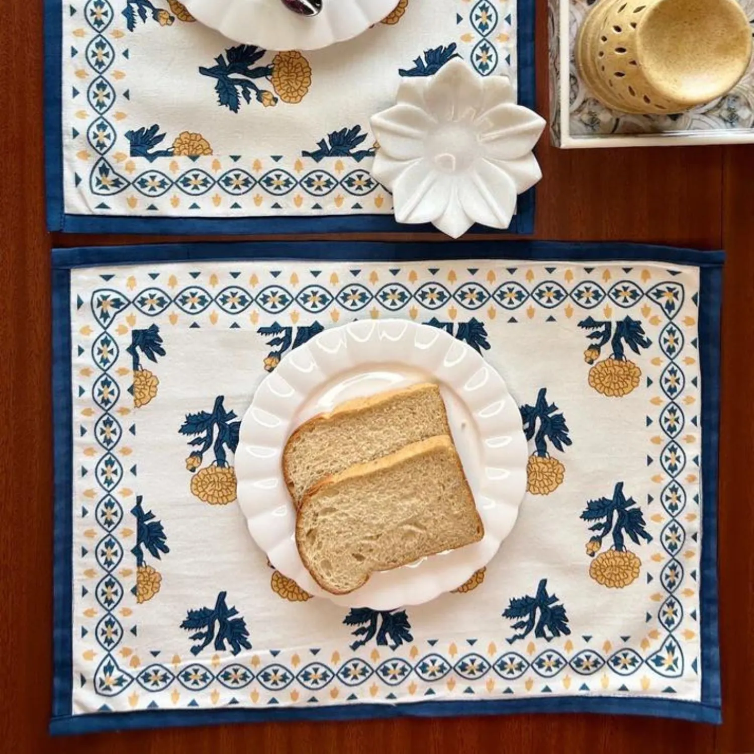 Cotton Table Placemats | Floral Printed | Off-white, Teal And Mustard | 12"x18"