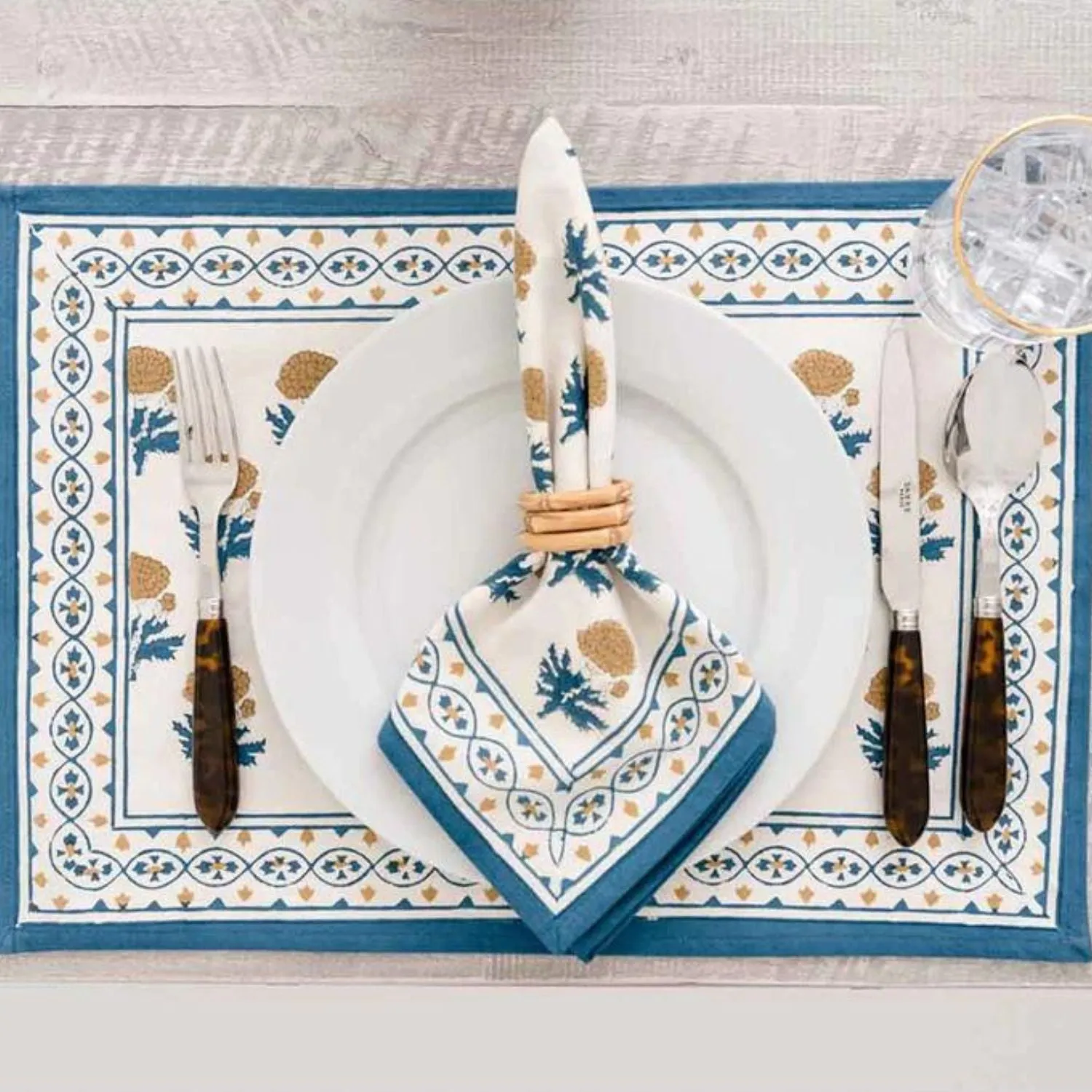Cotton Table Placemats | Floral Printed | Off-white, Teal And Mustard | 12"x18"