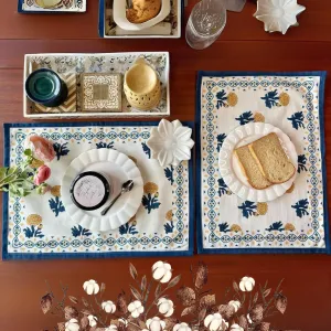 Cotton Table Placemats | Floral Printed | Off-white, Teal And Mustard | 12"x18"