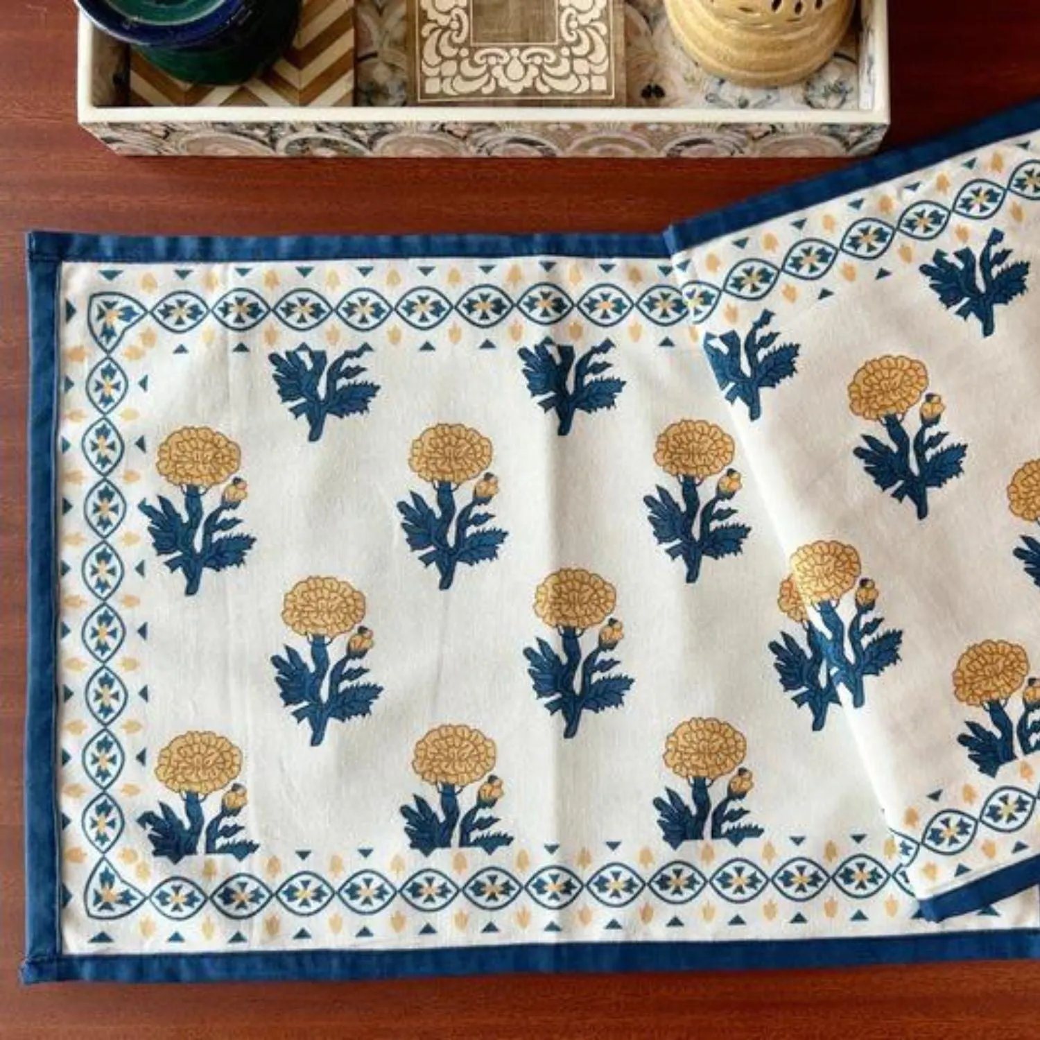Cotton Table Placemats | Floral Printed | Off-white, Teal And Mustard | 12"x18"