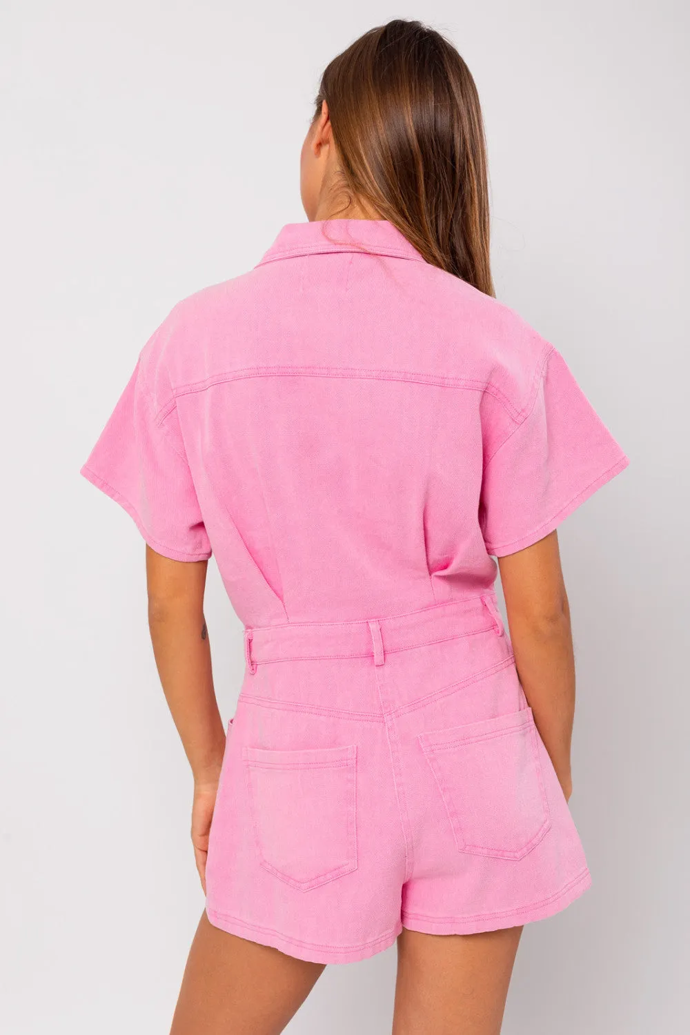 Denim Doll Romper- Baby Pink