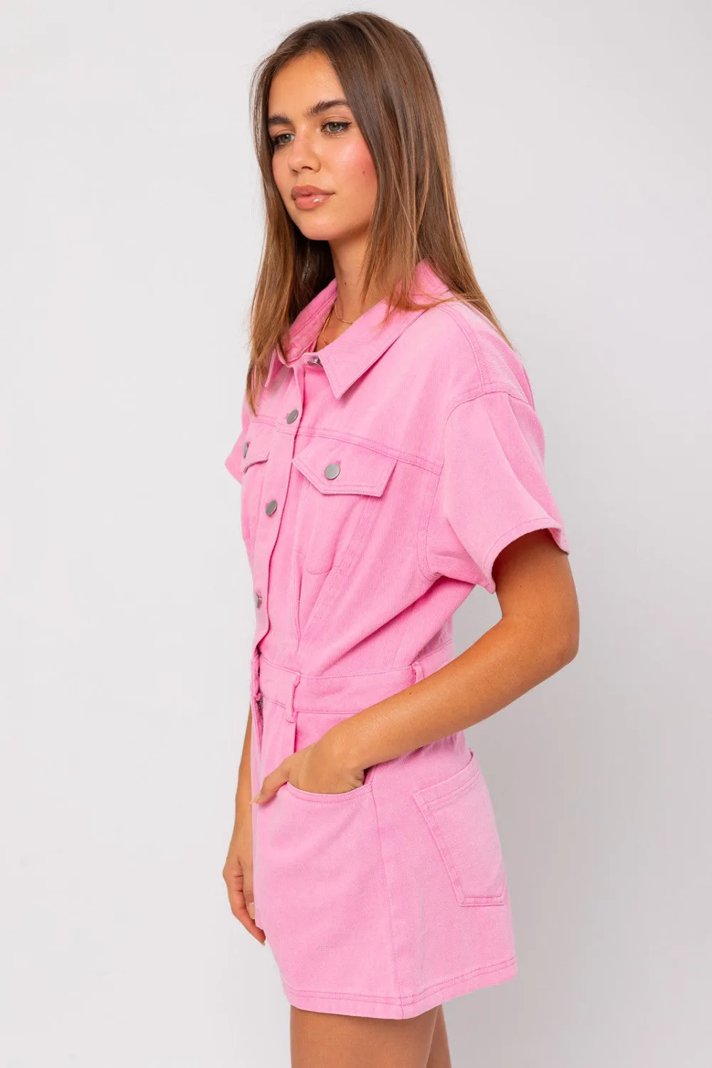 Denim Doll Romper- Baby Pink