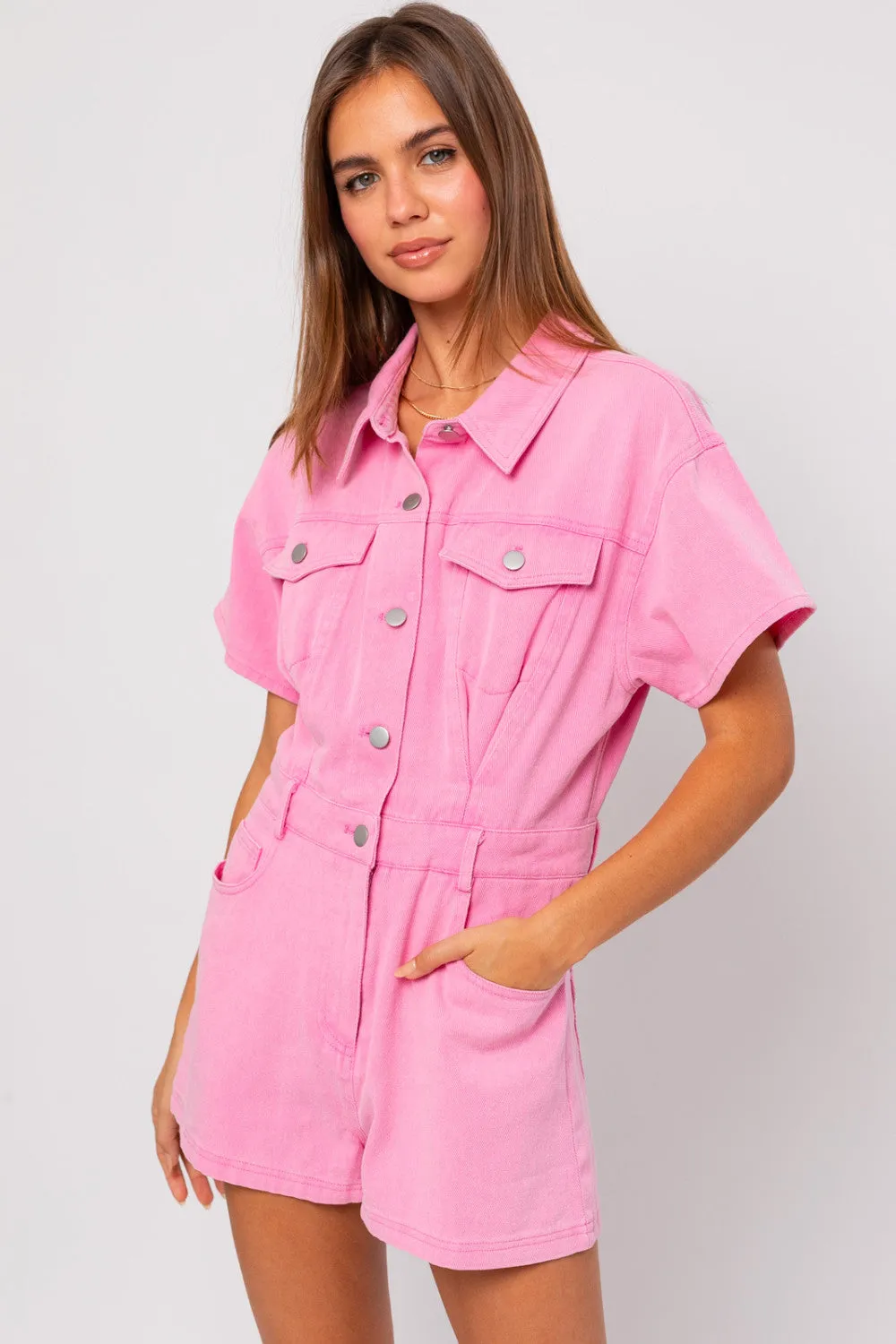 Denim Doll Romper- Baby Pink