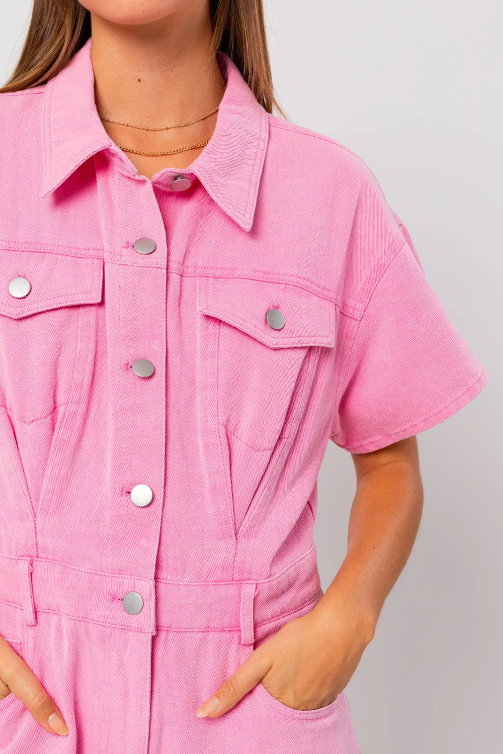 Denim Doll Romper- Baby Pink