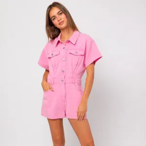 Denim Doll Romper- Baby Pink