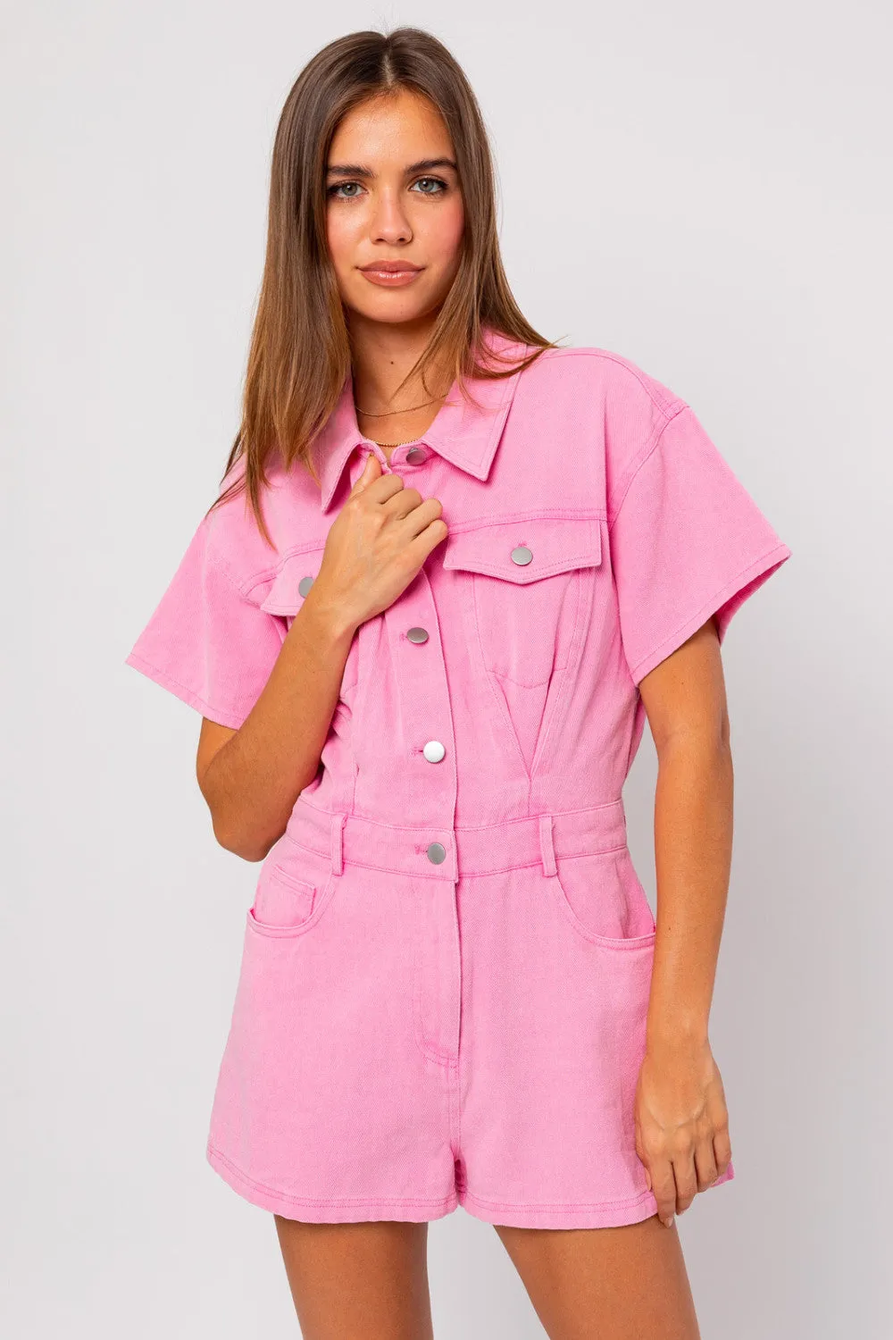 Denim Doll Romper- Baby Pink