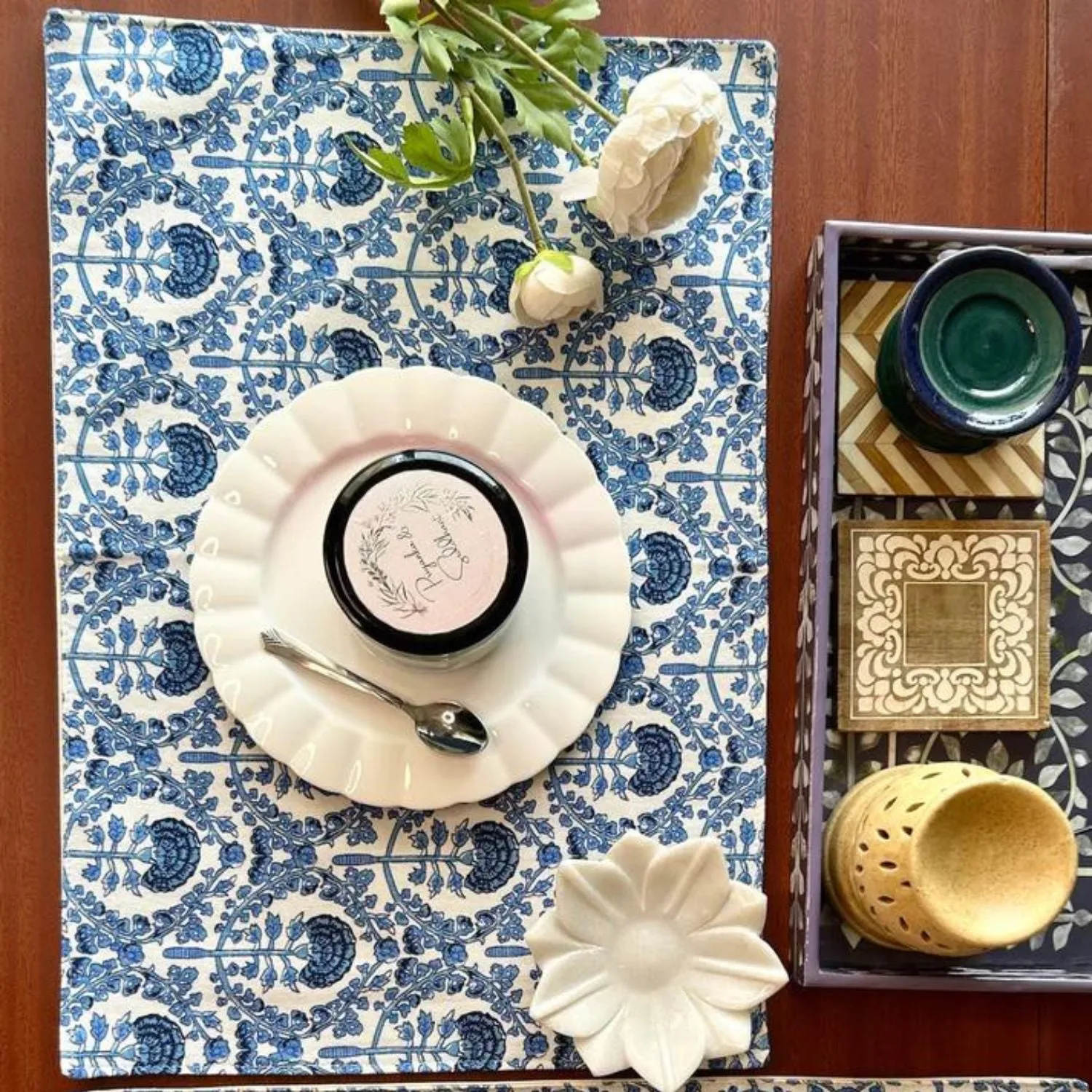 Dining Table Placemats | Intricate Print | Navy and White | 12x18 Inches