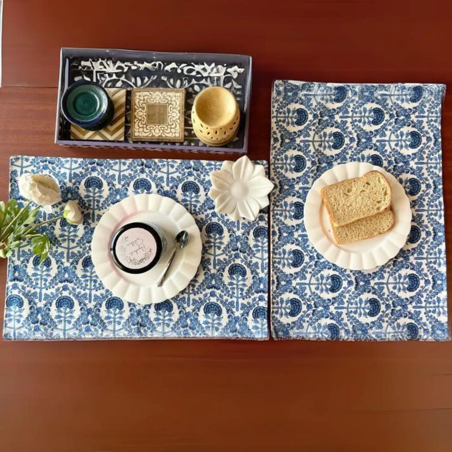 Dining Table Placemats | Intricate Print | Navy and White | 12x18 Inches