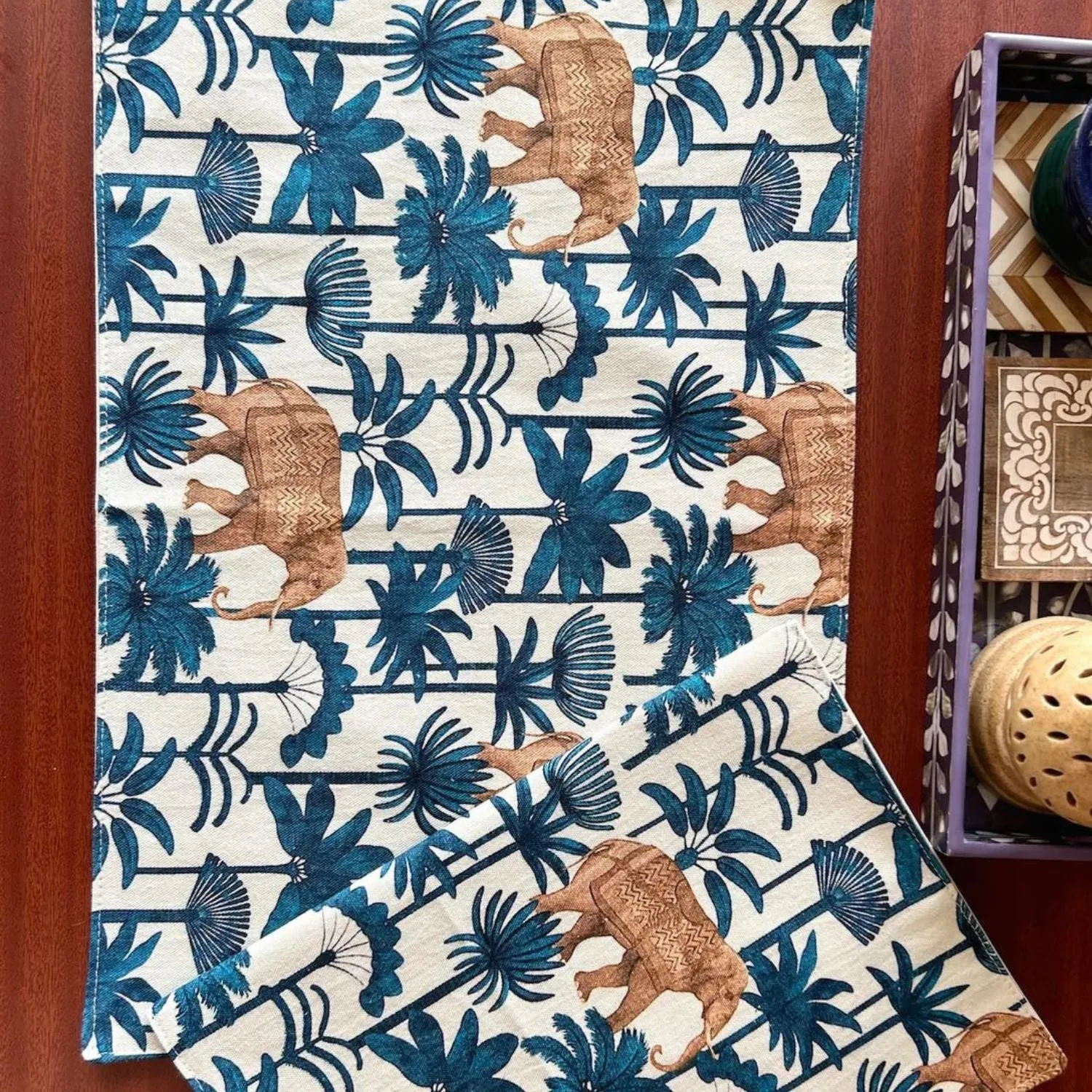 Dining Table Placemats | Palm Tree Print | Deep Sea Blue & White | 12x18 Inches