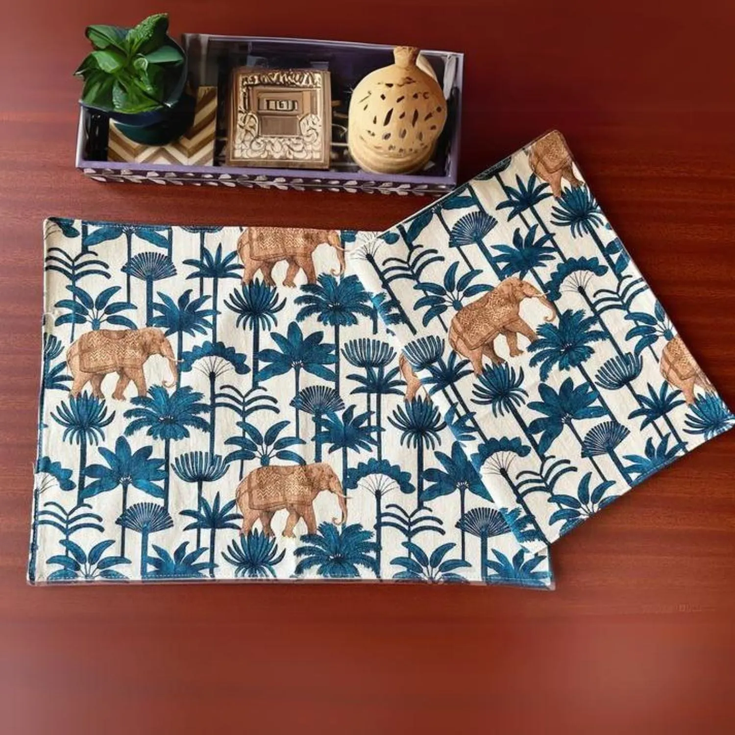 Dining Table Placemats | Palm Tree Print | Deep Sea Blue & White | 12x18 Inches