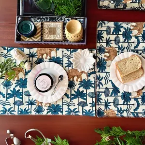 Dining Table Placemats | Palm Tree Print | Deep Sea Blue & White | 12x18 Inches
