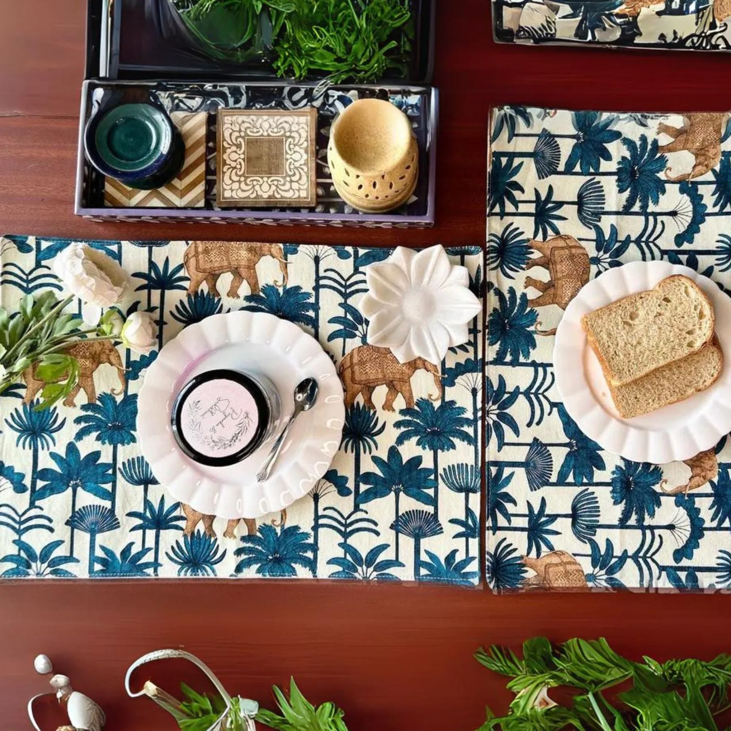 Dining Table Placemats | Palm Tree Print | Deep Sea Blue & White | 12x18 Inches