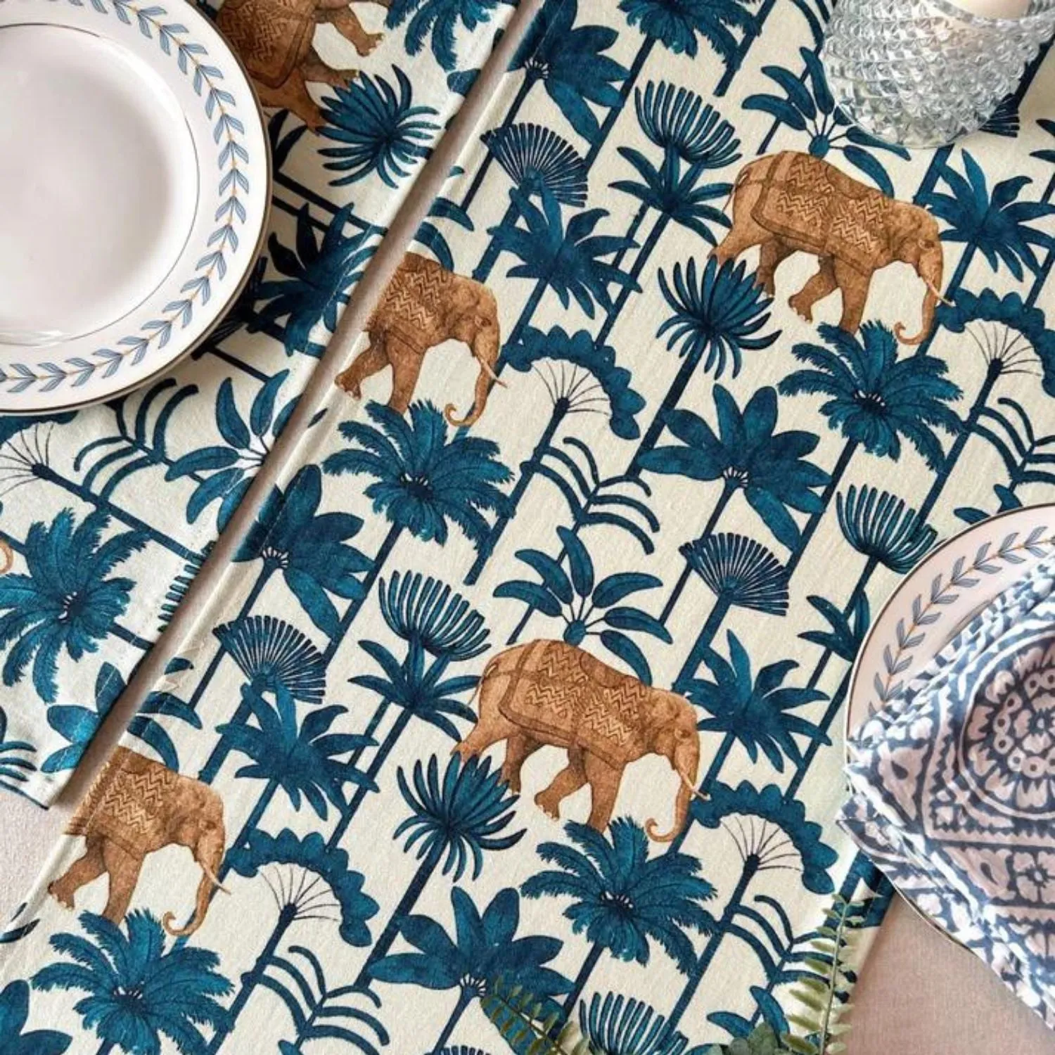 Dining Table Placemats | Palm Tree Print | Deep Sea Blue & White | 12x18 Inches