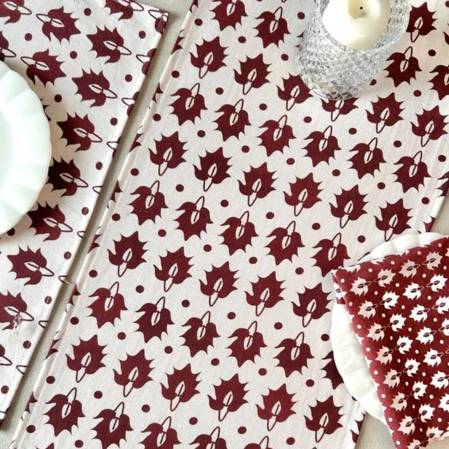 Dining Table Runner | Burgundy And White | Ethnic Motif | 14 x 72 Inches