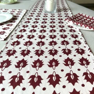 Dining Table Runner | Burgundy And White | Ethnic Motif | 14 x 72 Inches
