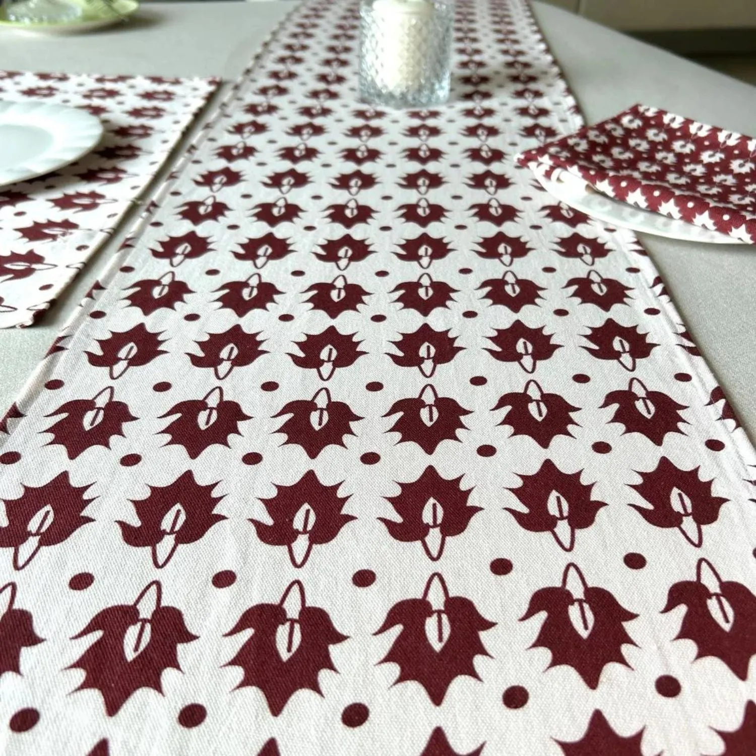 Dining Table Runner | Burgundy And White | Ethnic Motif | 14 x 72 Inches