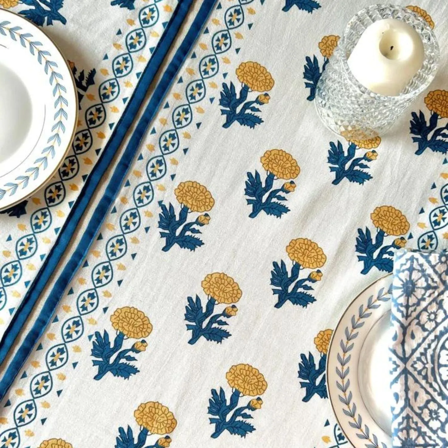 Dining Table Runner | Teal Blue & Mustard Floral Print | Cotton | 12x72 Inches