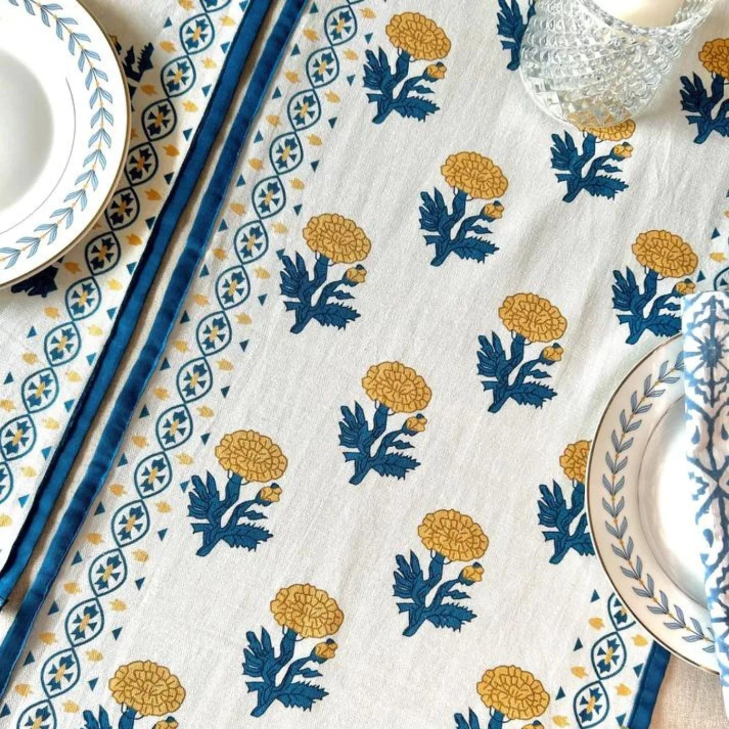 Dining Table Runner | Teal Blue & Mustard Floral Print | Cotton | 12x72 Inches